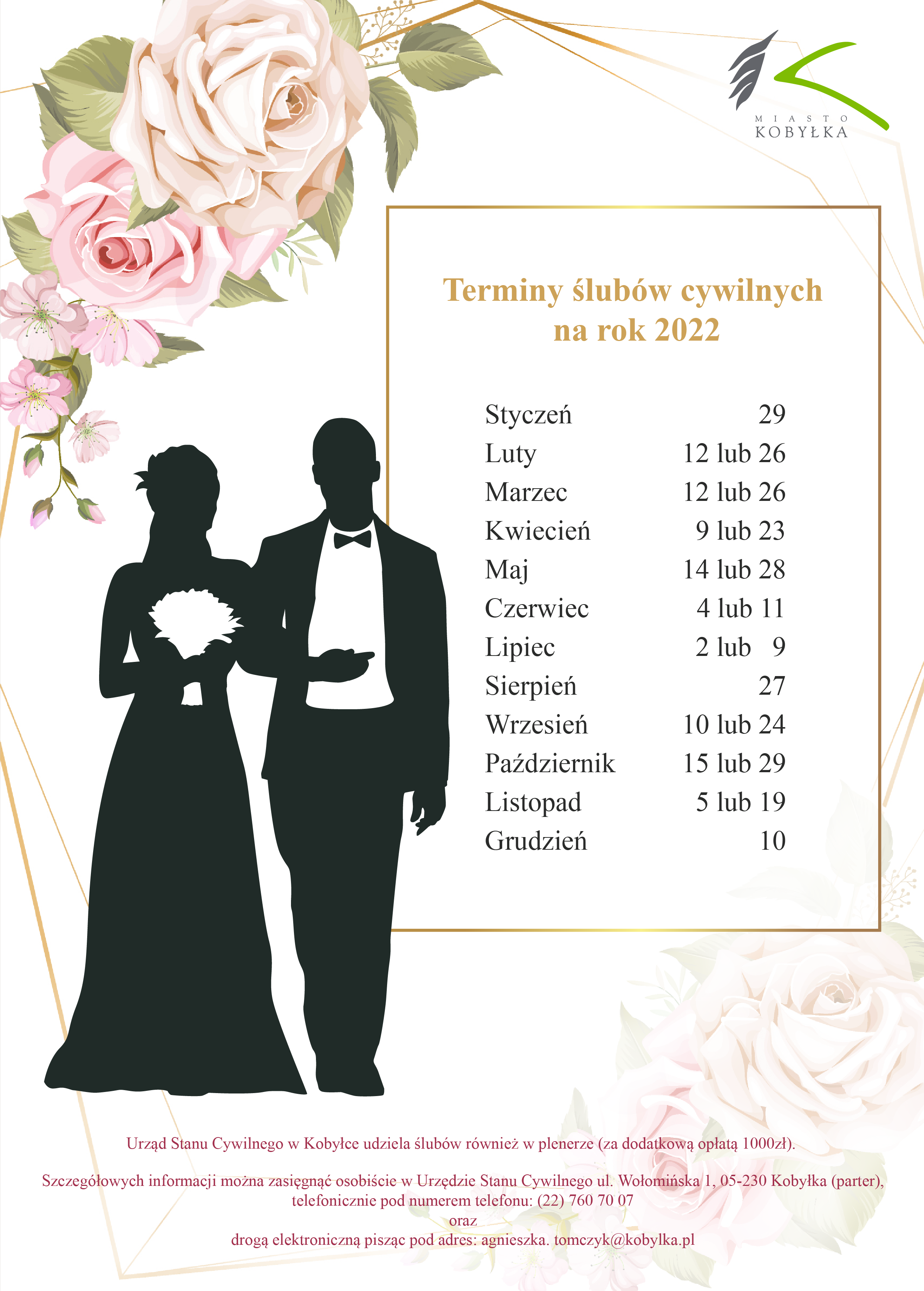 plakat z terminami ślubów cywilnych na rok 2022