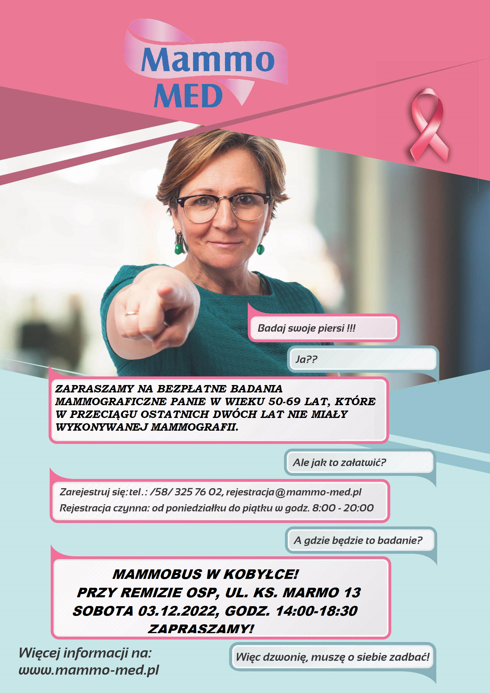 Plakat zapraszający na bezpłatne badania mammograficzne kobiety w wieku 50-69 lat w dniu  3 grudnia 2022 r. w godz. 14.00-18.30 do Kobyłki na terenie OSP ul Ks. Marmo 13. 