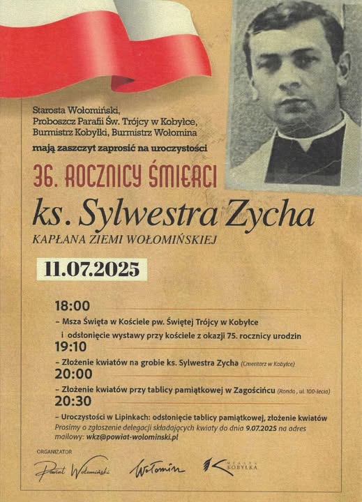 Na plakacie widzimy informacje dotyczące wydarzenia i portret ks. Zycha